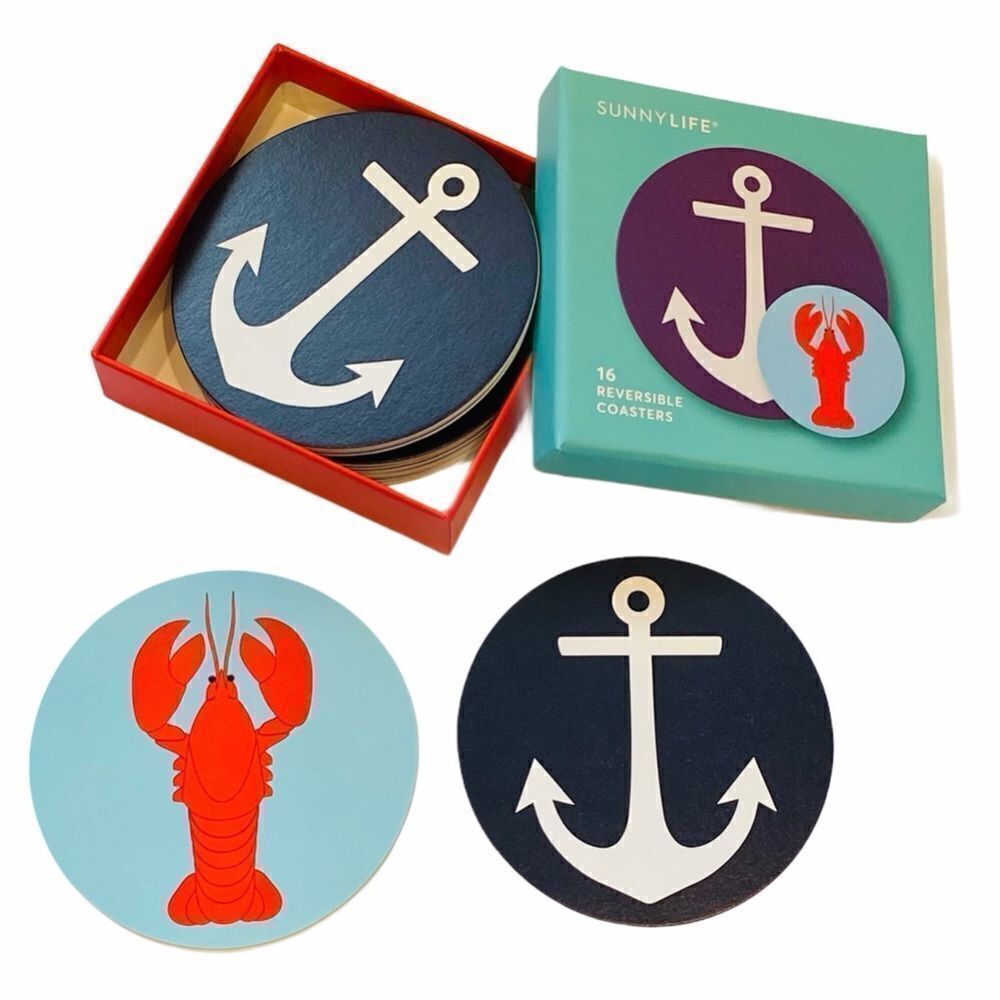 Sunny Life Set 16 Reversible Coastal Coasters Anchor Lobster NWT